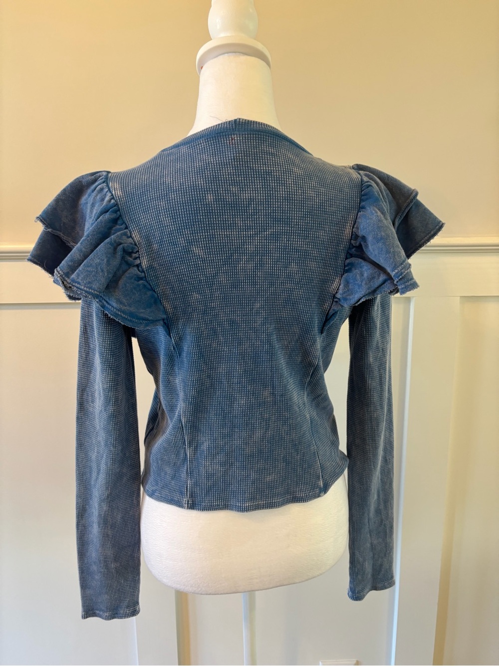 Womens Blue Ruffle Shoulder Long-Sleeve Top